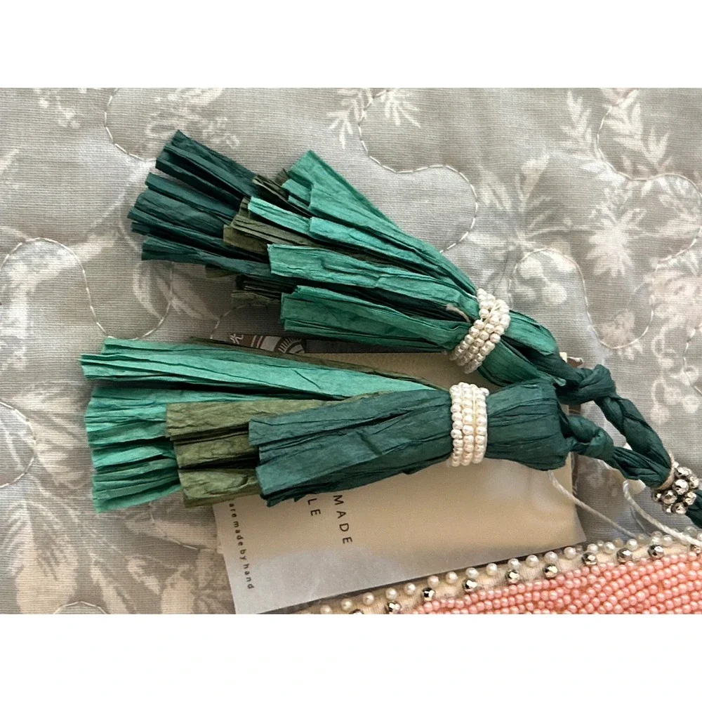 New with Tags Antik Kraft Palm Leaf Print Beaded Clutch